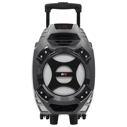 QFX PBX-61081 Rechargeable Portable Speaker 8″ Woofer 400 Watts Bluetooth, AUX, SD Card, FM Radio Handle, Wheels, 12 Lbs Perfect for Tailgating, Indoors, Outdoors Audio Silver