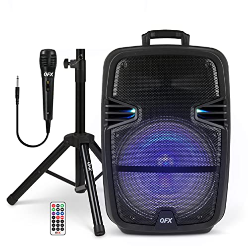 QFX PBX-616SM 15″ Bluetooth Rechargeable Speaker with LED Lights, Mic and Stand, Black