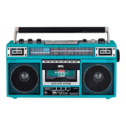 QFX Retro Bluetooth Boombox Cassette Tape Player Recorder, J-220BT, Aqua