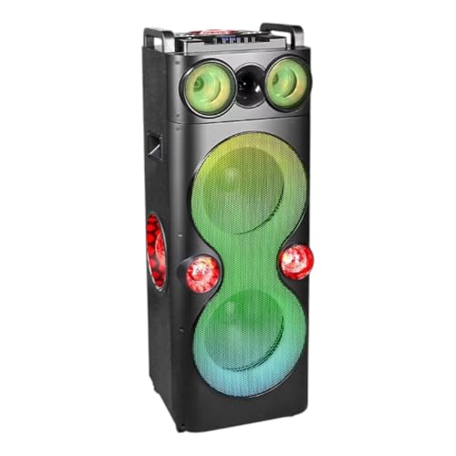 QFX PBX-1260 Dual 12″ Party Speaker with Rechargeable Battery and LED Lights, Microphone, USB & AUX-in Input, FM Radio, Treble Bass & Echo Controls, 6-8 Hours Battery Life (Renewed)